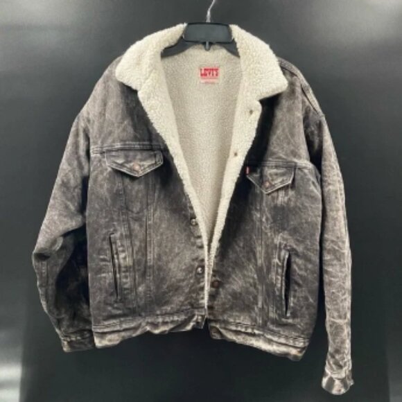 HOT VTG USA LEVI'S 70609 SHERPA LINED Fleece TRUCKER BLACK‎ Denim JACKET Jeans L - Picture 1 of 6